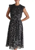 Women's Flutter Sleeve Mock Neck Printed Chiffon Ruffle Fit and Flare Dress