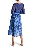 Women's 3/4 Blouson Sleeve Chiffon Printed Fit and Flare Dress