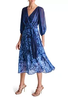 Women's 3/4 Blouson Sleeve Chiffon Printed Fit and Flare Dress