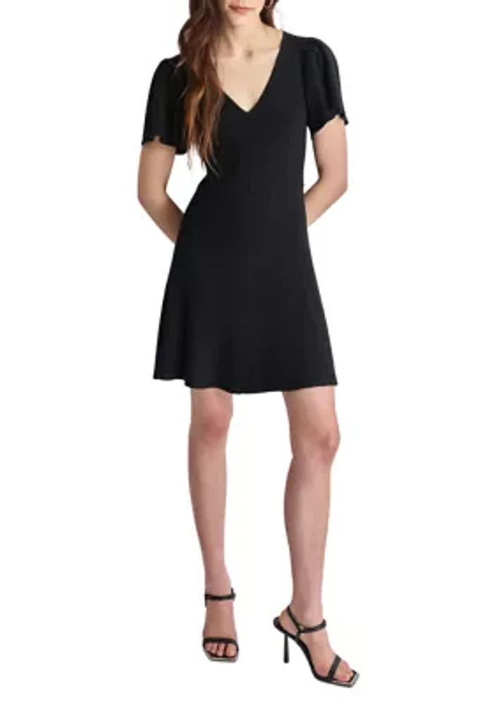 Women's Flutter Sleeve V-Neck Solid Crepe Fit and Flare Dress