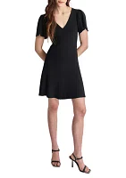 Women's Flutter Sleeve V-Neck Solid Crepe Fit and Flare Dress