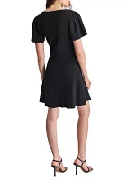 Women's Flutter Sleeve V-Neck Solid Crepe Fit and Flare Dress