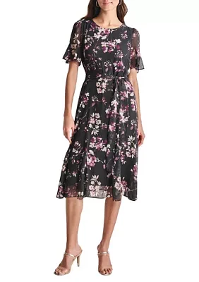 Women's Short Sleeve Round Neck Printed Chiffon Midi Dress