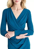 Women's Long Sleeve V-Neck Solid Ruch Sheath Dress