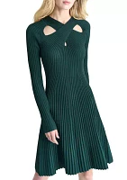 Women's V-Neck Cut Out Detail Pleated A-Line Dress