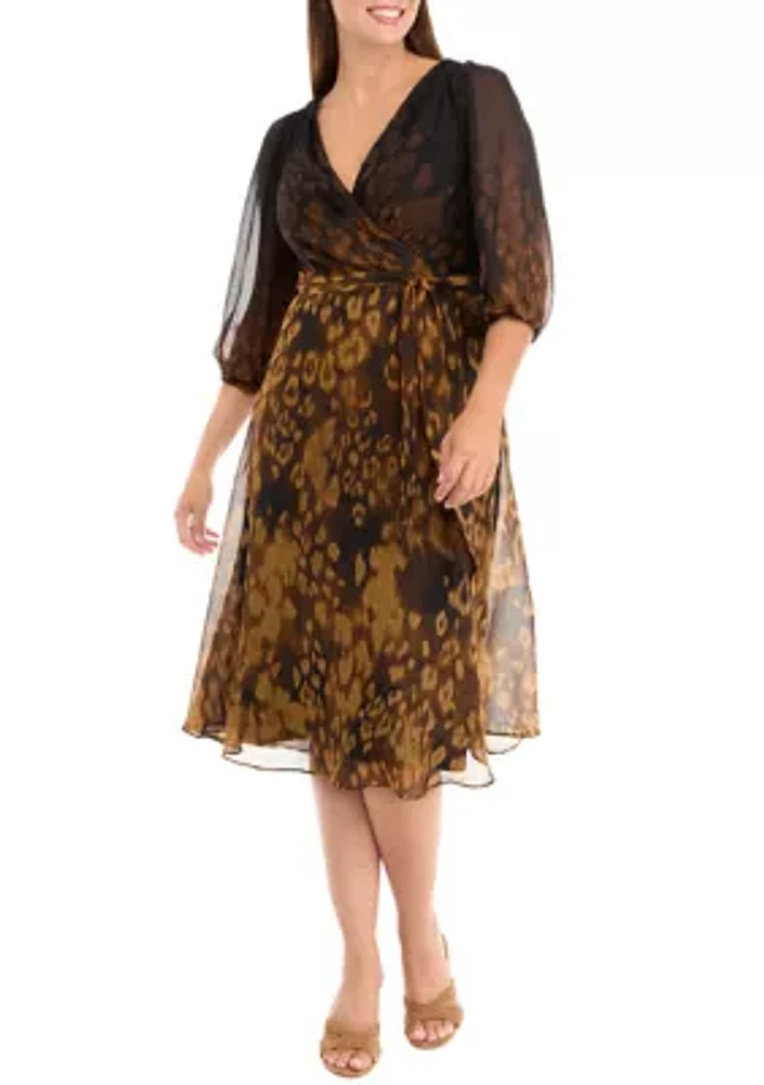 Women's 3/4 Mesh Sleeve Animal Print V-Neck A-Line Dress