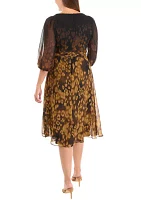 Women's 3/4 Mesh Sleeve Animal Print V-Neck A-Line Dress