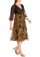 Women's 3/4 Mesh Sleeve Animal Print V-Neck A-Line Dress