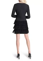 Women's Long Sleeve V-Neck Solid Fringe Sheath Dress