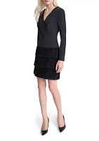 Women's Long Sleeve V-Neck Solid Fringe Sheath Dress