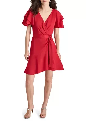 Women's Short Ruffle Sleeves V-Neck Belted Sheath Dress