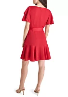 Women's Short Ruffle Sleeves V-Neck Belted Sheath Dress