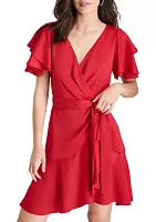 Women's Short Ruffle Sleeves V-Neck Belted Sheath Dress