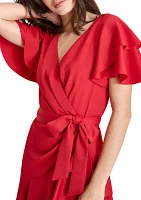 Women's Short Ruffle Sleeves V-Neck Belted Sheath Dress