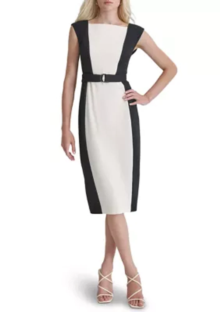 Women's Short Sleeve Square Neck Two Tone Belted Sheath Dress