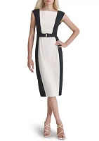 Women's Short Sleeve Square Neck Two Tone Belted Sheath Dress