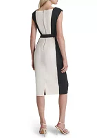 Women's Short Sleeve Square Neck Two Tone Belted Sheath Dress