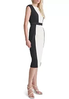 Women's Short Sleeve Square Neck Two Tone Belted Sheath Dress