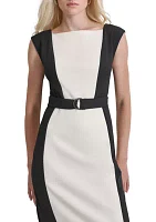 Women's Short Sleeve Square Neck Two Tone Belted Sheath Dress