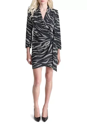 Women's Long Sleeve Collar Animal Print Side Wrap A-Line Dress