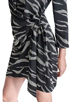 Women's Long Sleeve Collar Animal Print Side Wrap A-Line Dress