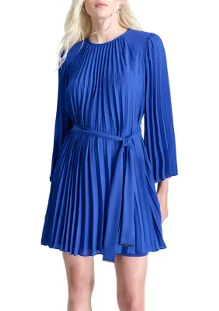 Women's Long Sleeve Crew Neck Solid Belted Pleated Fit and Flare Dress