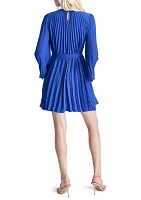 Women's Long Sleeve Crew Neck Solid Belted Pleated Fit and Flare Dress