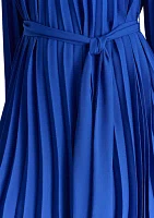 Women's Long Sleeve Crew Neck Solid Belted Pleated Fit and Flare Dress