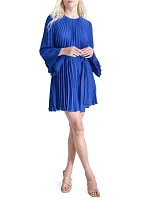 Women's Long Sleeve Crew Neck Solid Belted Pleated Fit and Flare Dress