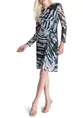 Women's Long Sleeve Crew Neck Tie Dye Print Side Ruch Sheath Dress