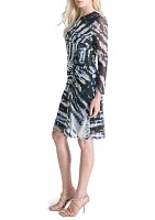 Women's Long Sleeve Crew Neck Tie Dye Print Side Ruch Sheath Dress