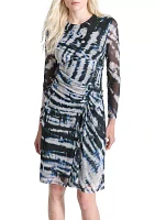 Women's Long Sleeve Crew Neck Tie Dye Print Side Ruch Sheath Dress