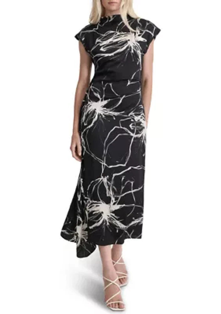 Women's Short Sleeve Mock Neck Marble Print Sheath Dress