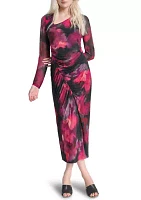 Women's Long Sleeve Wide Neck Floral Side Ruched Sheath Dress