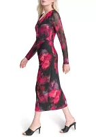 Women's Long Sleeve Wide Neck Floral Side Ruched Sheath Dress