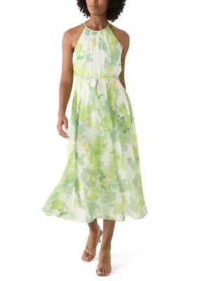 Women's Sleeveless Halter Floral Print Midi Fit and Flare Dress