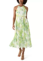Women's Sleeveless Halter Floral Print Midi Fit and Flare Dress