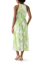 Women's Sleeveless Halter Floral Print Midi Fit and Flare Dress