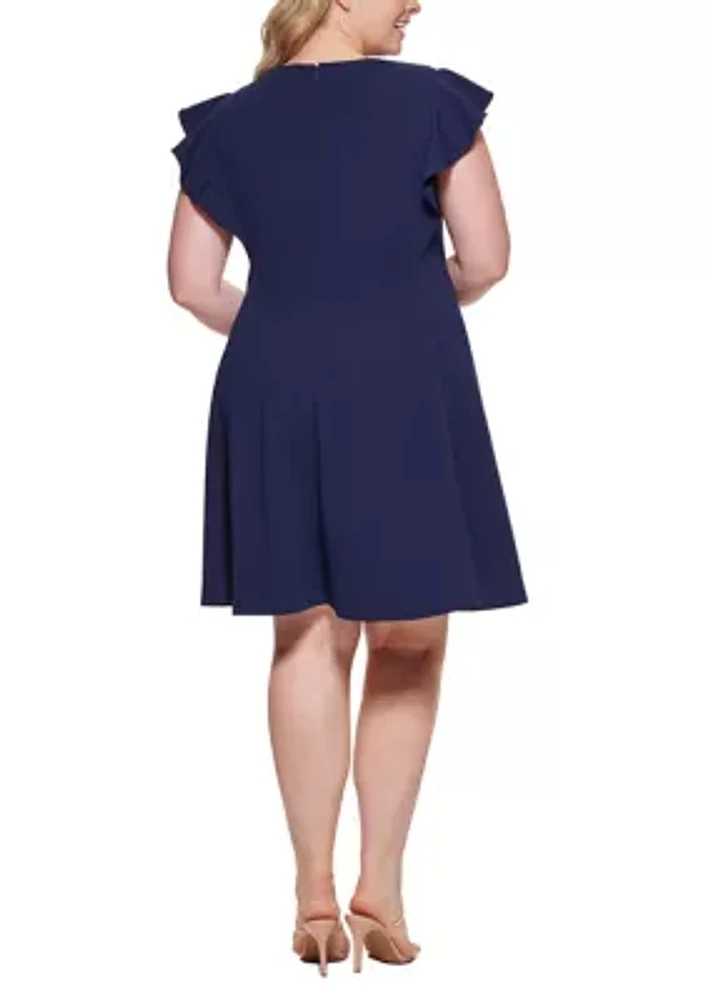 Plus Flutter Sleeve Solid Fit and Flare Dress