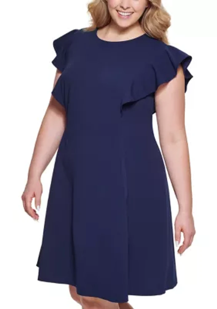 Plus Flutter Sleeve Solid Fit and Flare Dress