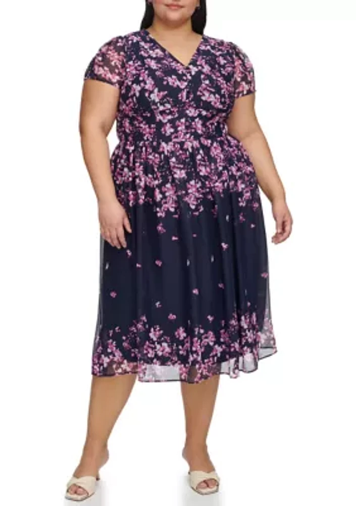 Plus Short Sleeve V-Neck Floral Print Button Front Midi Dress