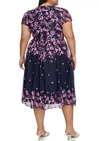 Plus Short Sleeve V-Neck Floral Print Button Front Midi Dress