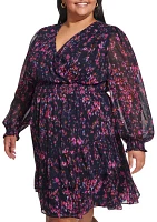 Plus Long Sleeve V-Neck Floral Print Ruffle Hem Dress