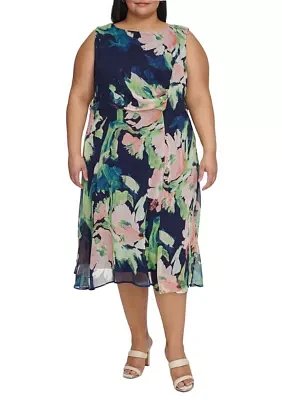 Plus Sleeveless Floral Print Side Ruched Dress