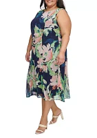 Plus Sleeveless Floral Print Side Ruched Dress