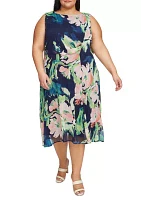 Plus Sleeveless Floral Print Side Ruched Dress