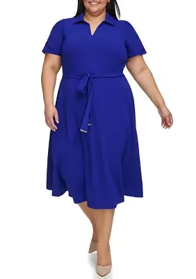 Plus Short Sleeve Solid Polo Collar Midi Dress