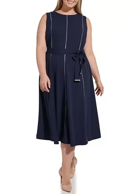 Plus Tie Waist Dress with Contrast Piping