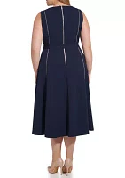 Plus Tie Waist Dress with Contrast Piping