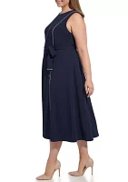 Plus Tie Waist Dress with Contrast Piping